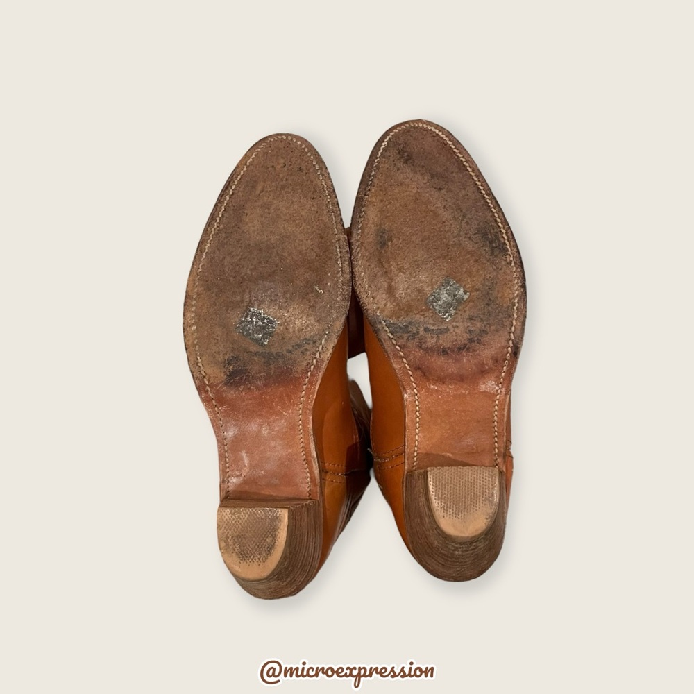 1980 VINTAGE Frye Swirl Stitch Embroidered Cognac Tan Brown Leather Cowboy Boot - Picture 9 of 11
